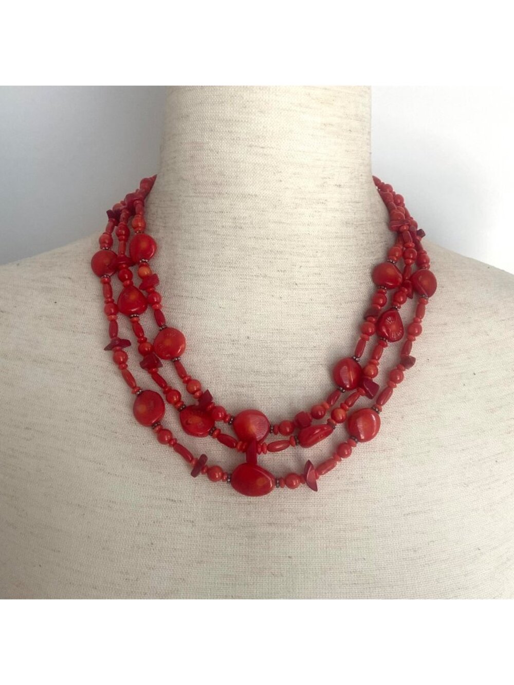 Lucas Lameth Sterling Silver 925 Triple Strand Beaded Red Coral Necklace 18"